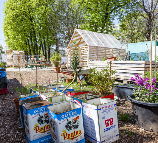 Im Vordergrund stehen mehrere Olivenölkanister, die zu Blumentöpfen umgebaut wurden. Im Hintergrund sind mehrere Hochbeete und Gartenhäuschen zu sehen.